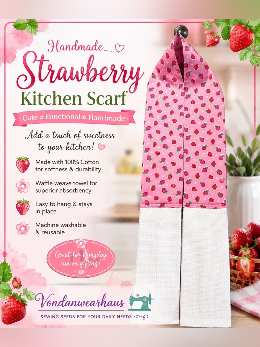 Handmade Kitchen Scarf Pink and Red Strawberries with White Towels - Picture 1 of 6